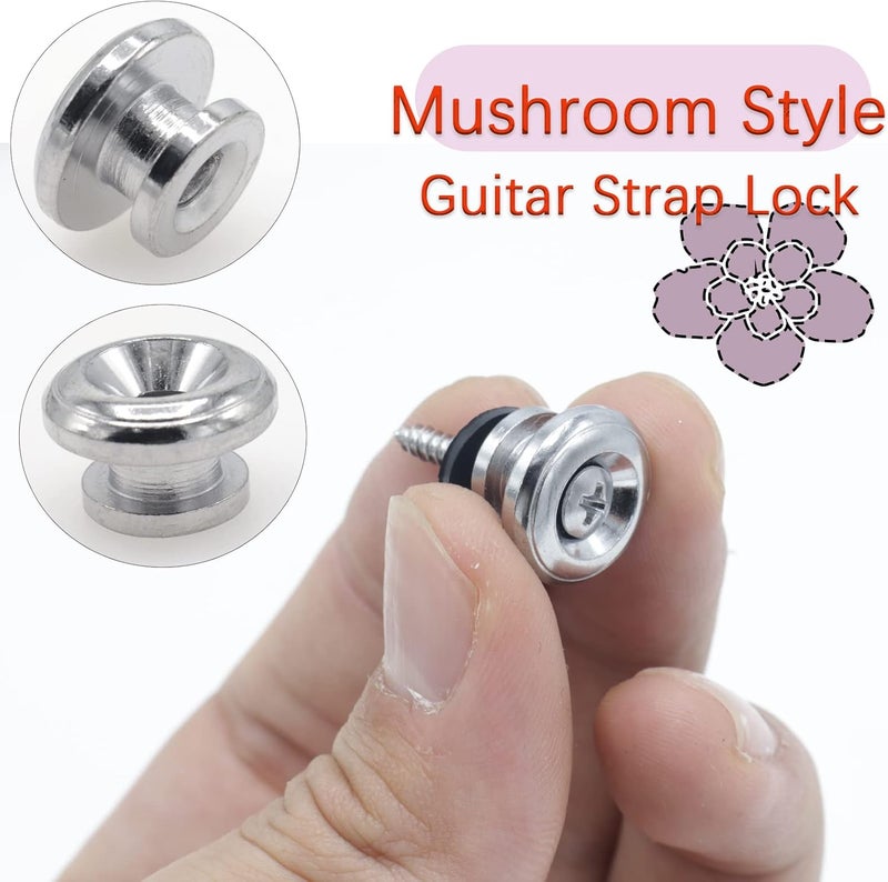 Cheerock 2pcs Silver Metal Guitar Strap Locks, Mushroom Style Guitar Strap Lock Buttons, Electric Guitar Strap Locks, Mushrooms Head Guitar Strap Button for Guitar Bass Ukulele - Image 2
